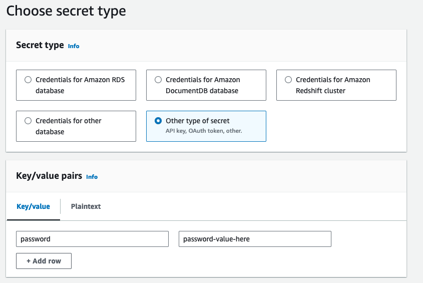 AWS Secrets Manager secret that correctly maps the password key to the target password value