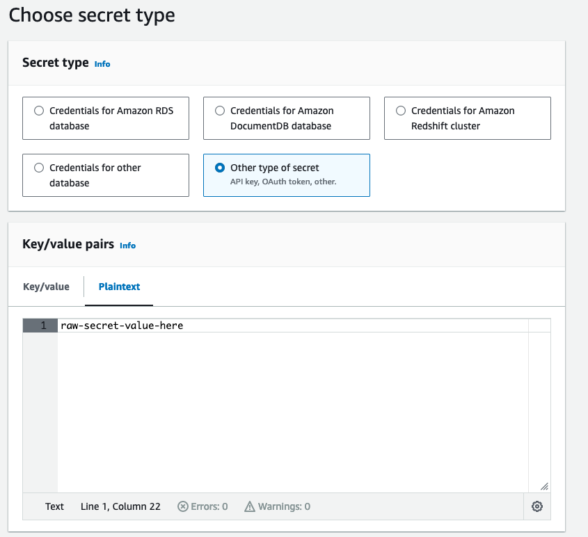 AWS Secrets Manager secret that correctly sets the secret's value to the plaintext password