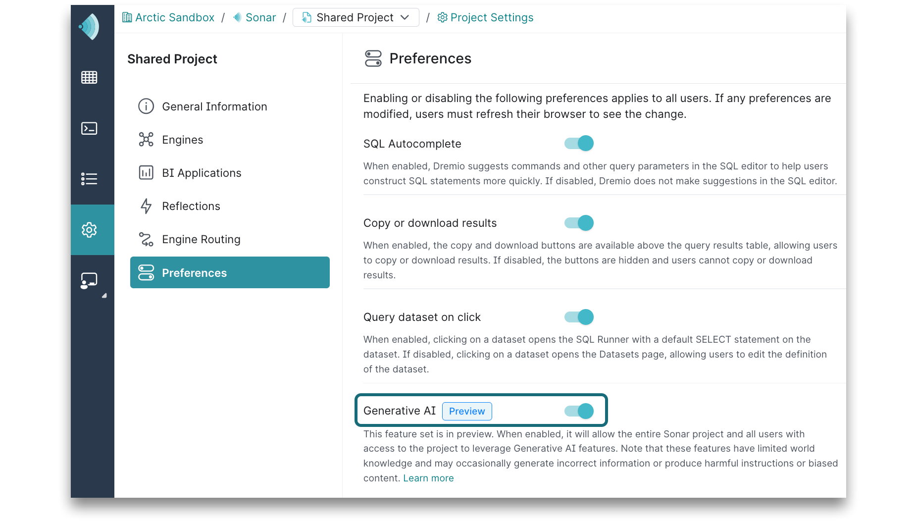 This is a screenshot showing how to enable Generative AI.