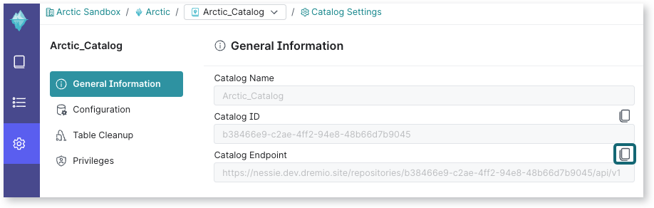 The Arctic catalog's settings page highlighting the catalog endpoint.