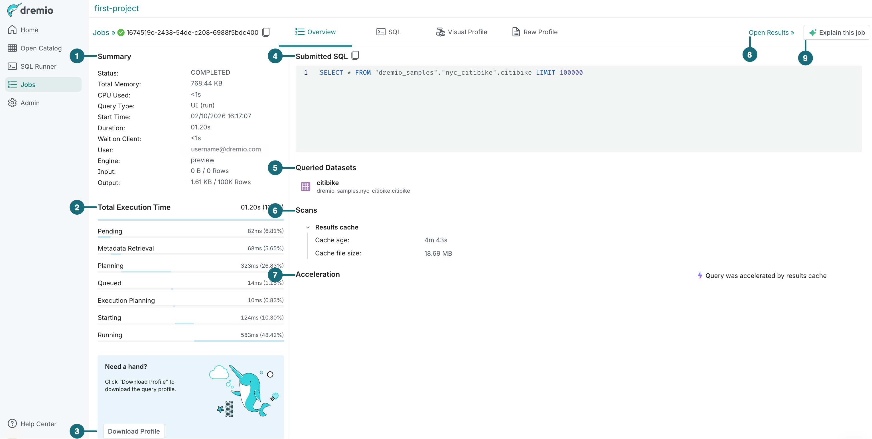 This is a screenshot showing the main components of the Job Details page.