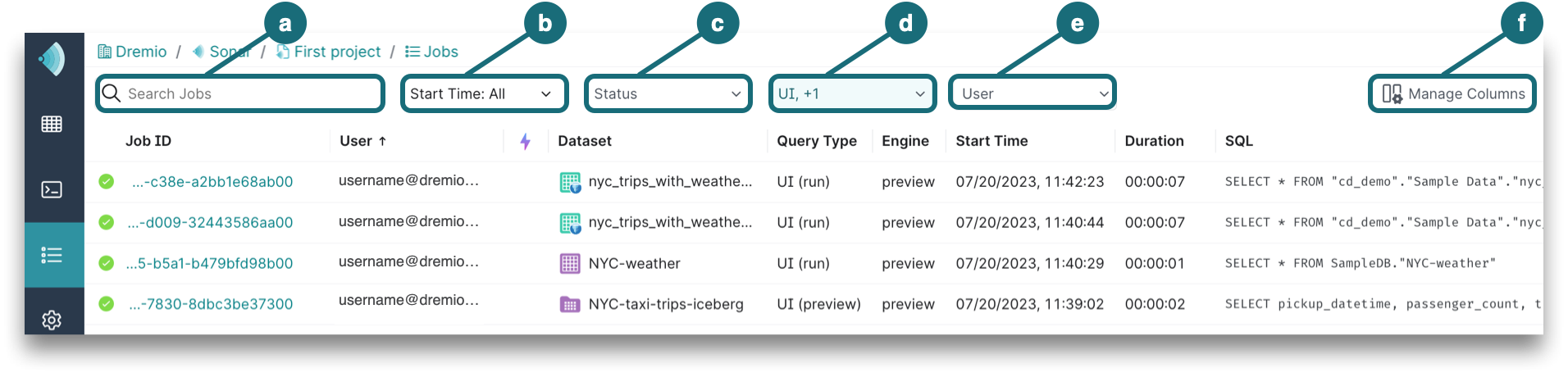 This is a screenshot showing the main components of the Jobs page.