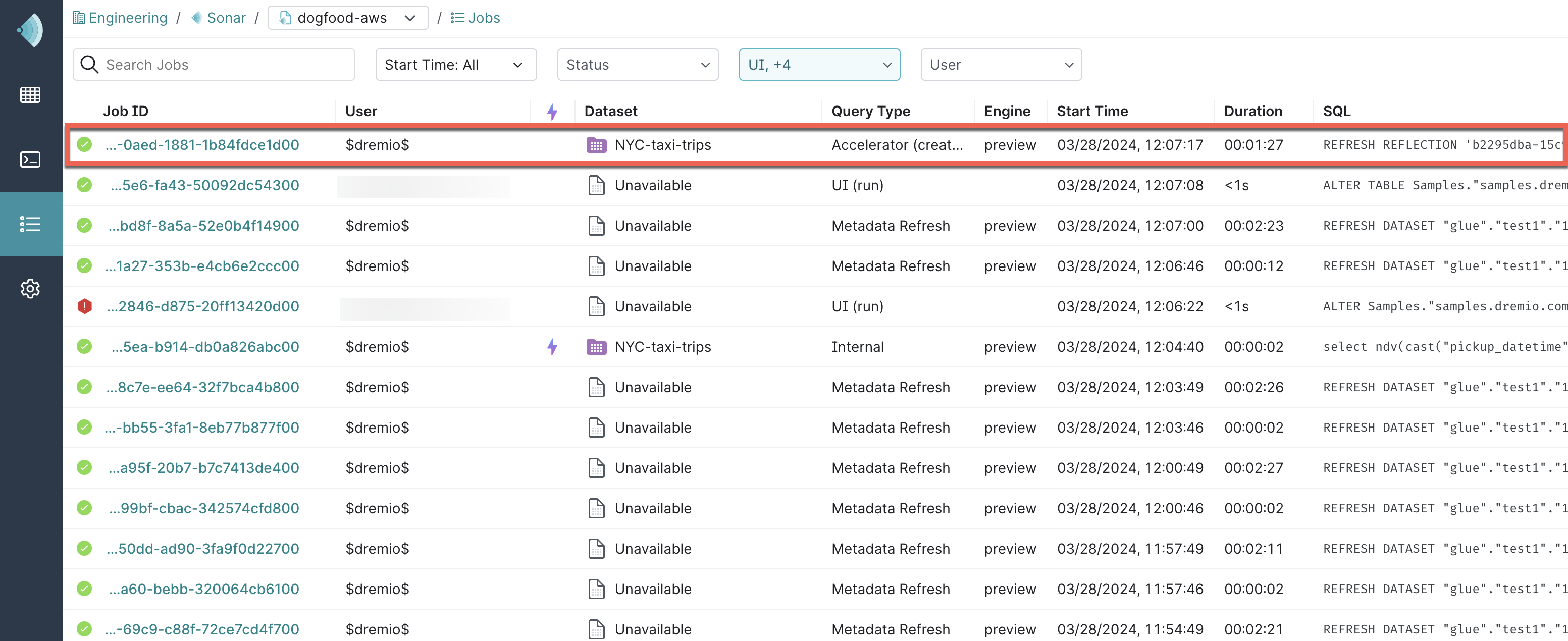 Reflection refresh job listed on the Jobs page in the Dremio console