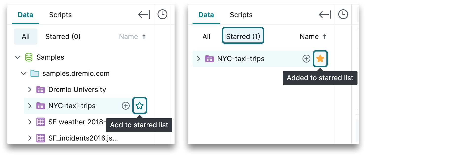 This is a screenshot showing how to star a table or view for the Starred list.
