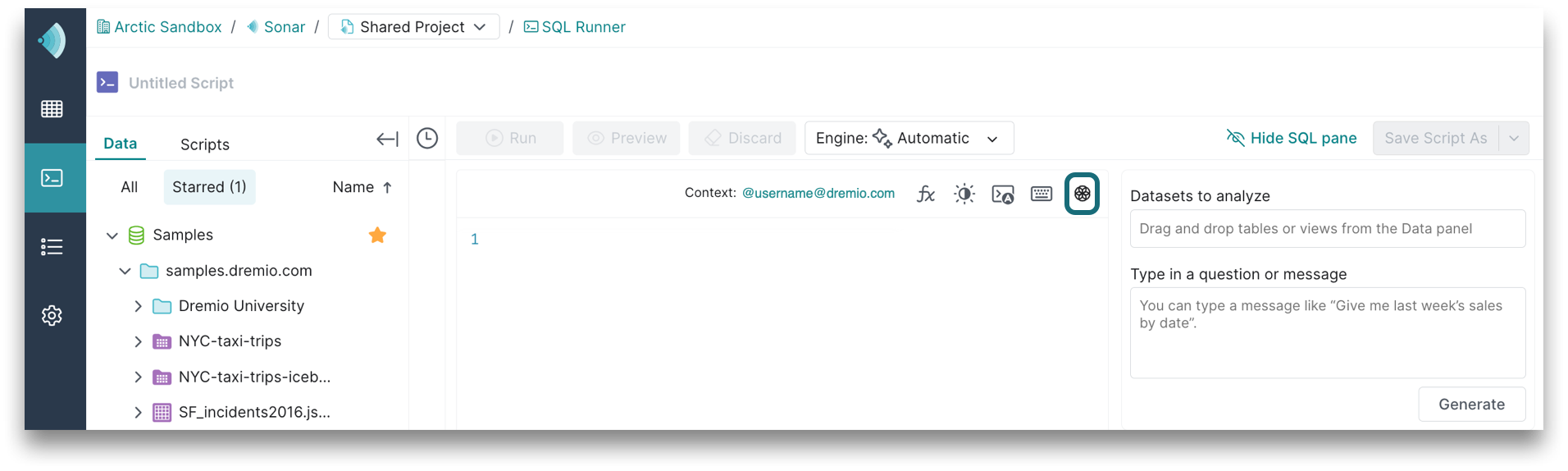 This is a screenshot showing where Text-to-SQL is located in the SQL Runner.