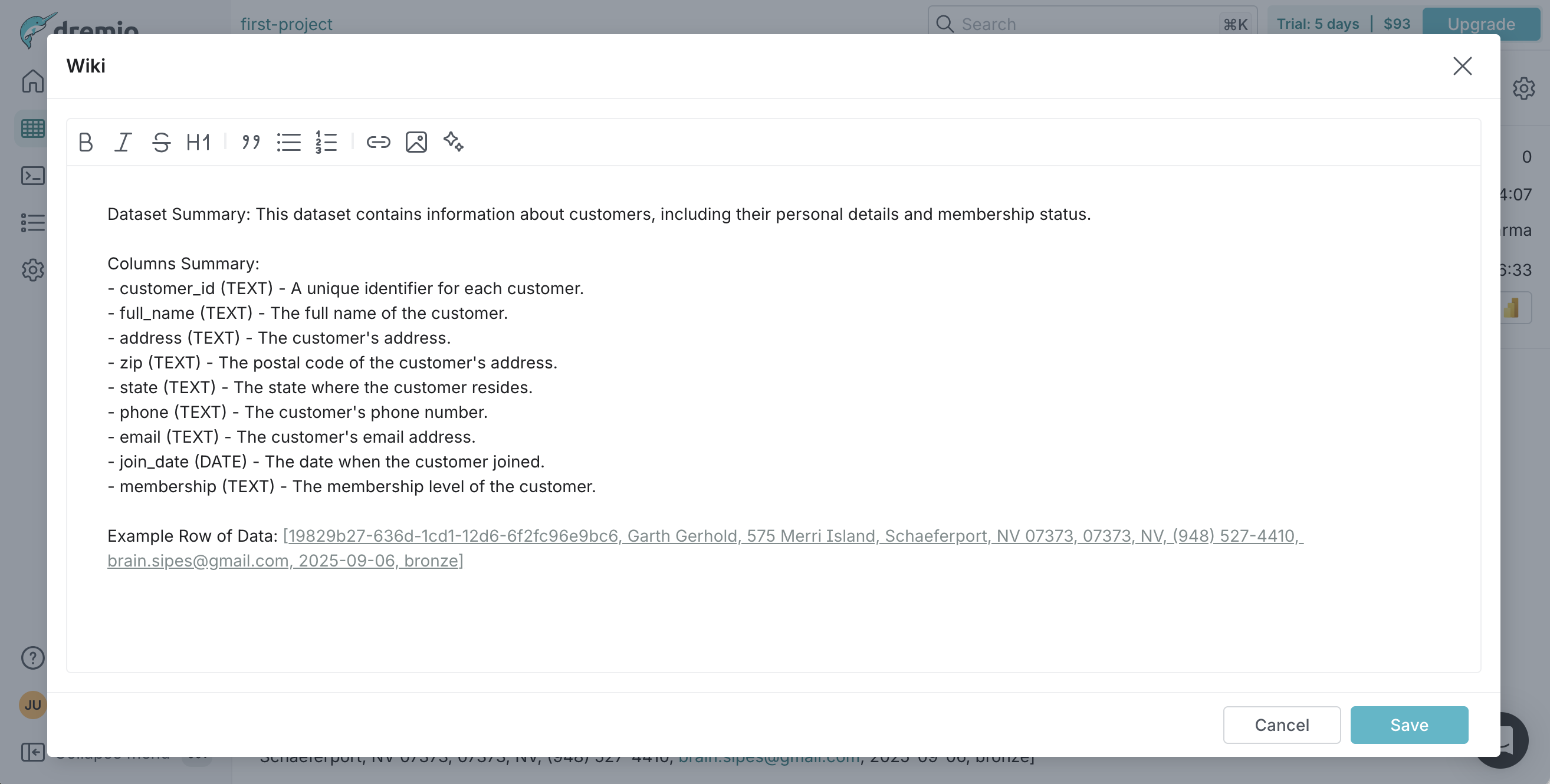 This image shows an example of the Wiki editor in Dremio.