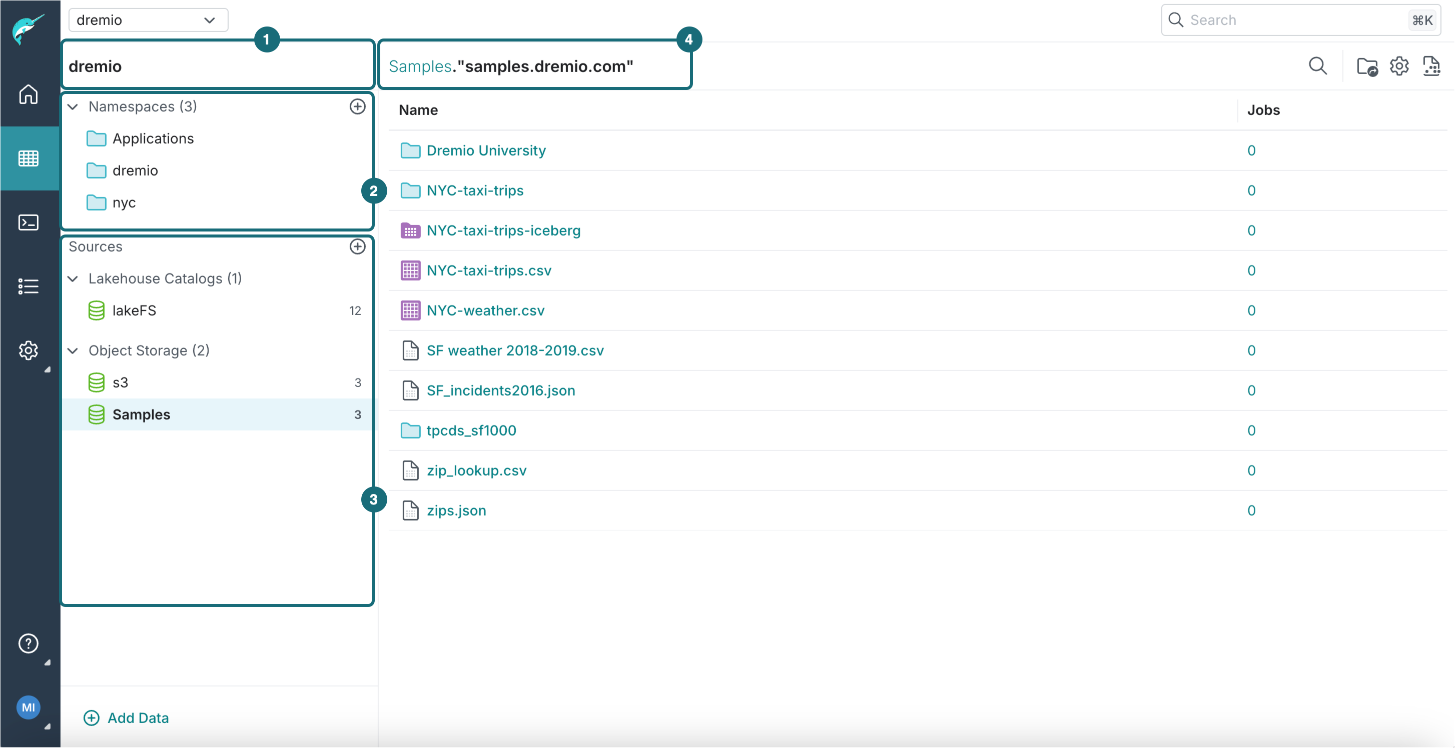 Datasets page navigation and management interface.