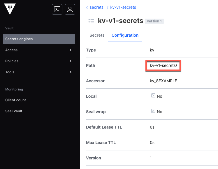 Location of the secret engine mount path in Vault