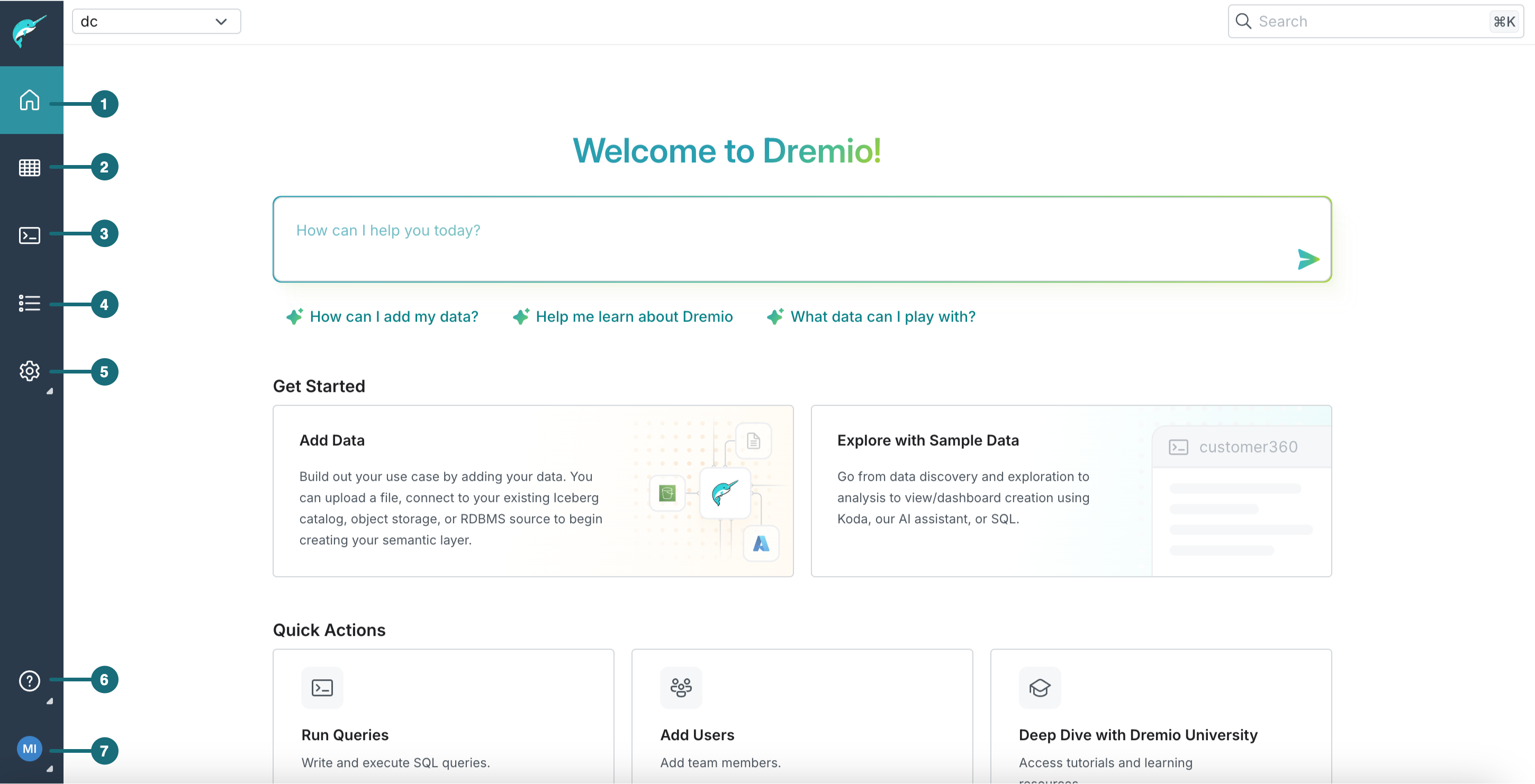 Dremio console navigation.