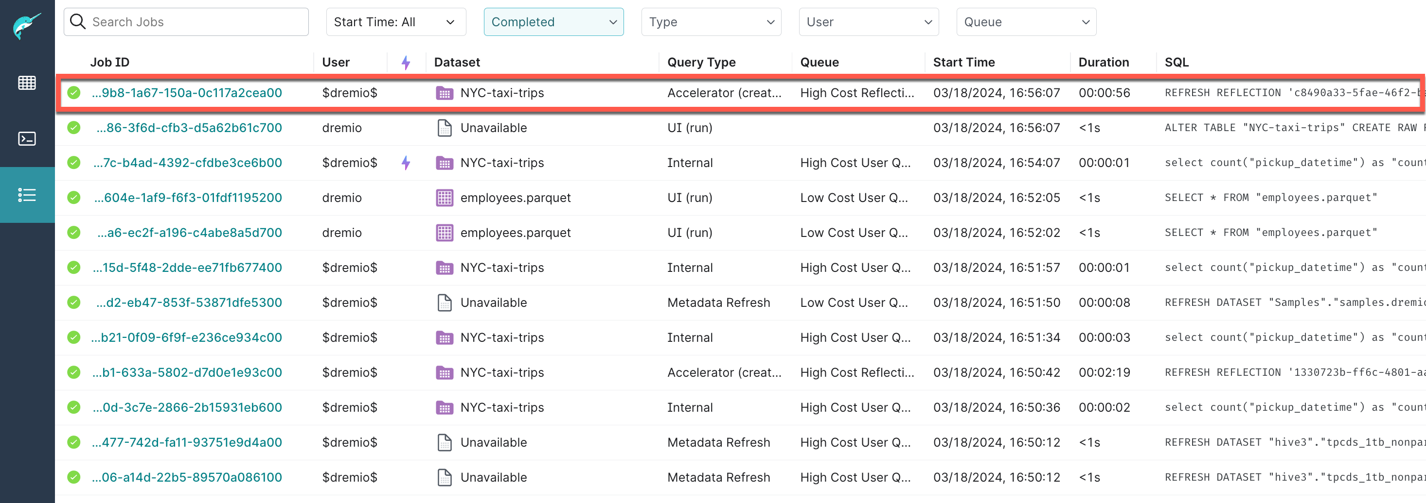 Reflection creation job listed on the Jobs page in the Dremio console