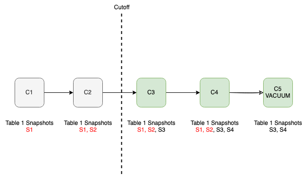 This image demonstrates the VACUUM CATALOG results for snapshots that are older than the cutoff policy.