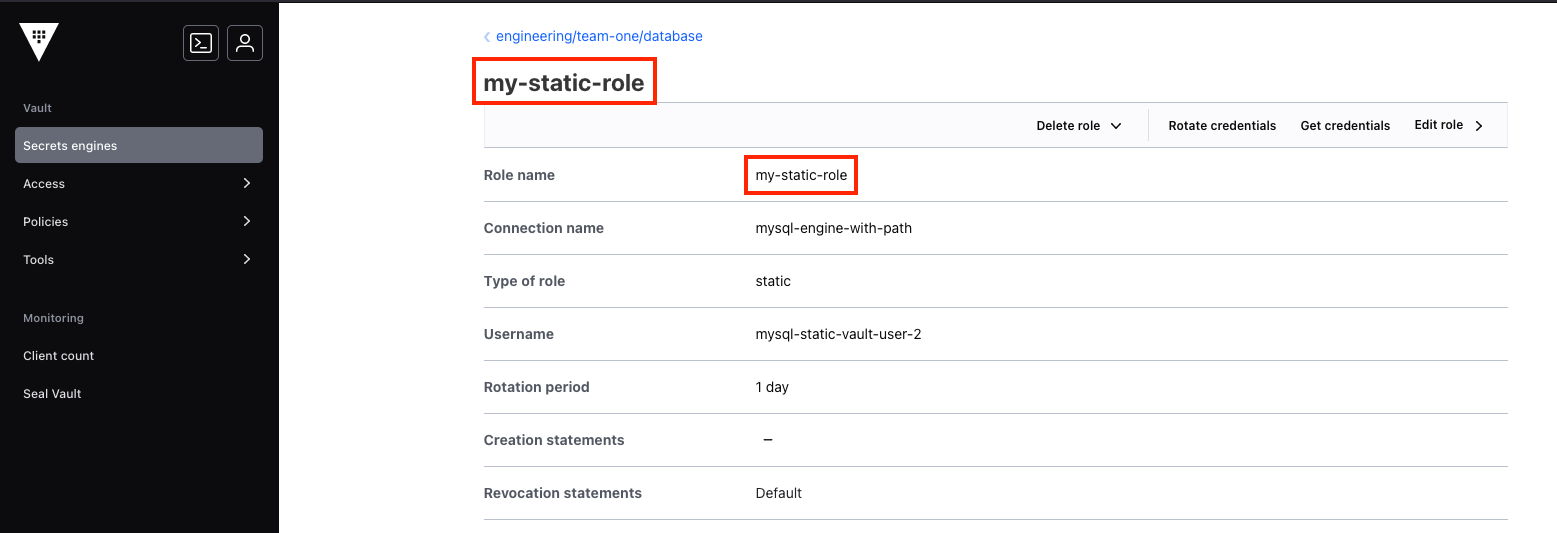 Roles tab location of a database secret's role name in Vault